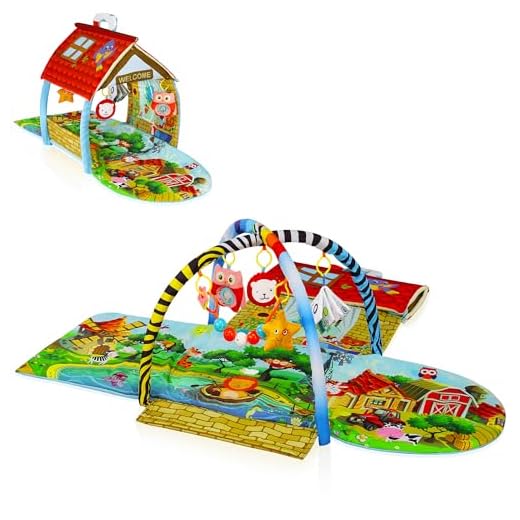 LIONELO Agnes 2en1 Manta de Gateo y Alfombra de Juego para Bebé, 2 Arcos, Casa, Libro de Tela, Juguetes de Colores, Cadena de Sonajeros, Fondo Reforzado