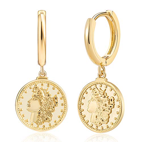 SANNYRA Gold Coin Earrings, Gold Huggie Dangle Earrings for Women, 14K Gold Plated Charm Dainty Hoop Jewelry