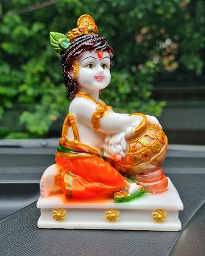Image of RIANZ Bal Roop Laddu Gopal Ji Idol | Makhan Chor Krishna Murti for Car Dashboard, Home & Office Decor | 11.2 cm x 7.2 cm | Resin Statue of Lord Shri Krishna (Multicolor) (Multicolor 1 PC)