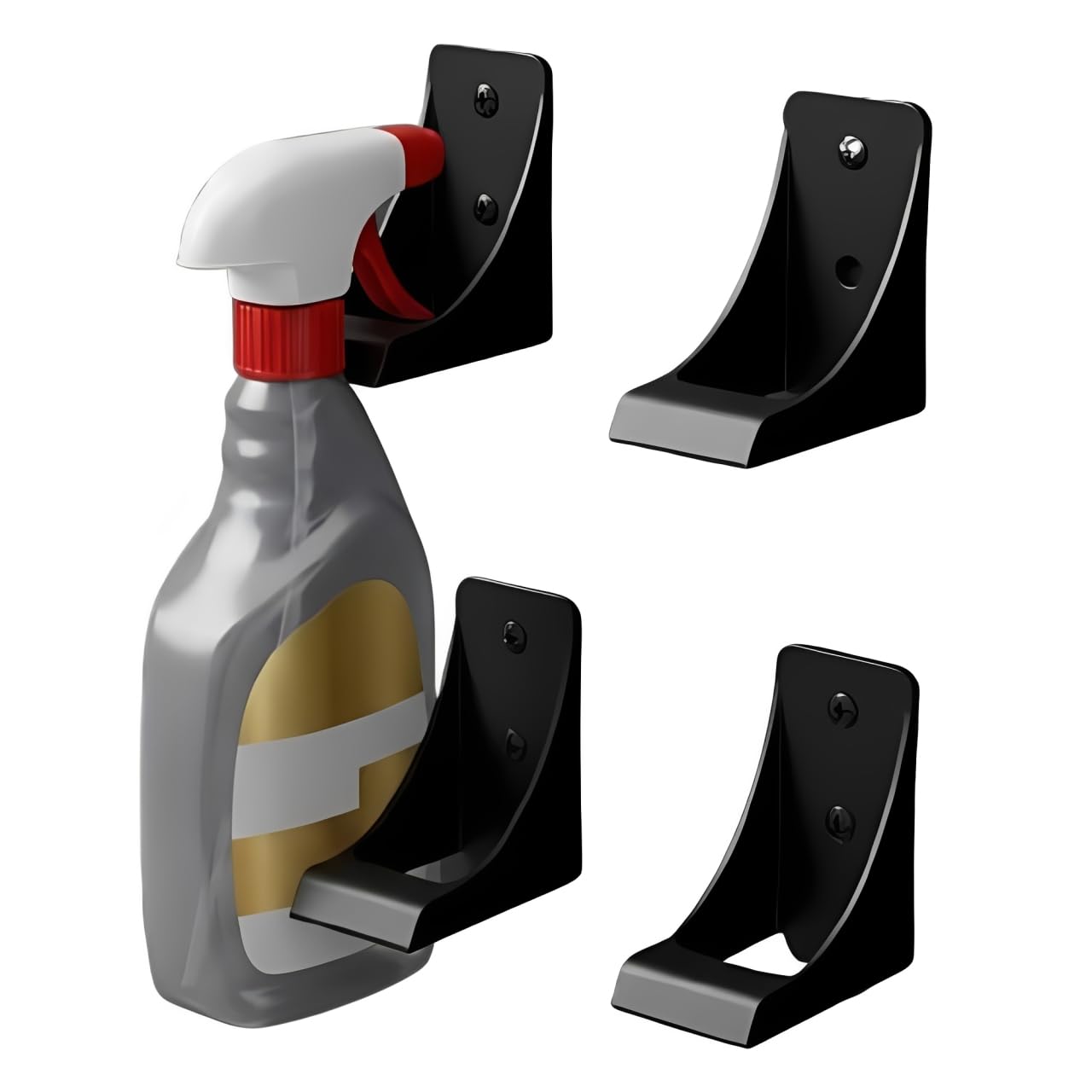 Sizi 4 Pack Wall-Mounted Spray Bottle Holder – Heavy Duty Space-Saving Storage Hooks for Garage, Cleaning and Kitchen Accessories Black