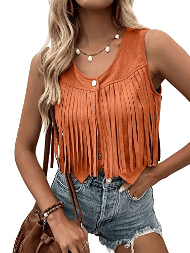 Sweatyrocks Women's Suede Fringe Trim Sleeveless Crop Vest Jacket Button Front Coat Orange L #TOP3
