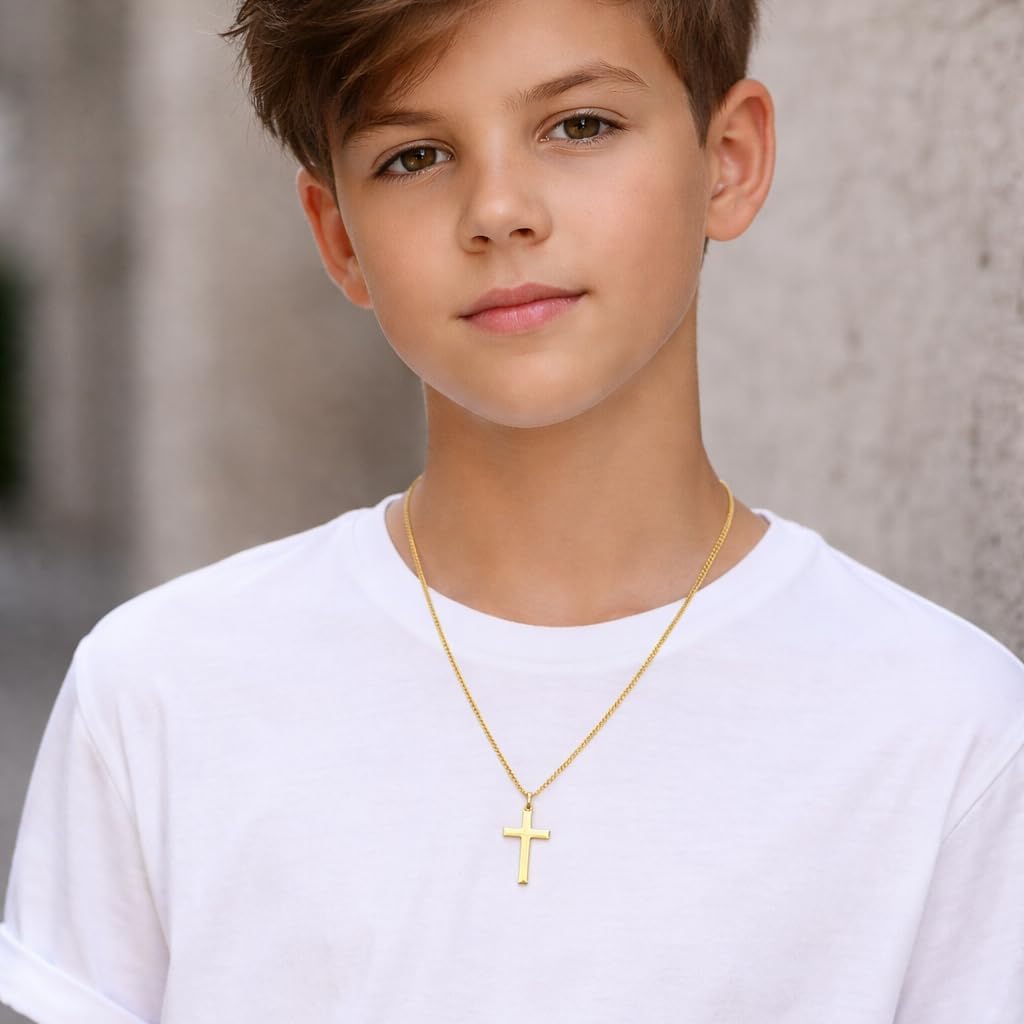 Small Cross Necklace for Boys Baptism Christmas Confirmation Valentines Easter Birthday Gifts to Teens Son Grandson Nephew