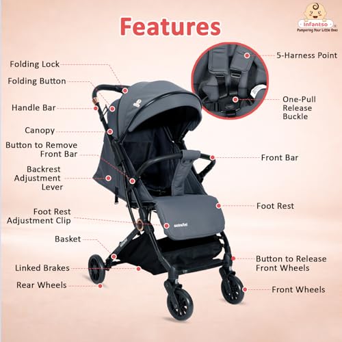 Image of Infantso RIDE-X Premium Baby Stroller / Pram Auto Fold with 5 Points Safety Harness, Multi Level seat Recline & Spacious Cushioned seat, One-Hand Fold and 360 Rotating Wheels, Travel Friendly, Extendable Canopy, Adjustable Footrest, Shock Absorption Wheels, Lightweight Stroller for 0 to 3 Years (Grey)