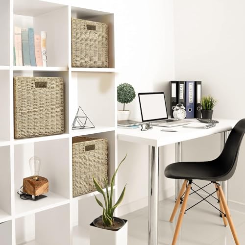 Aluusy 2 Cestas de Almacenaje, Cesta Mimbre Tejidas a Mano Cubo 28CM, Cesta Grande Plegable de Papel de Jacinto de Agua con Asas, Cesto Decorativo para Baño Estanterías Kallax Cocina - imagen 4