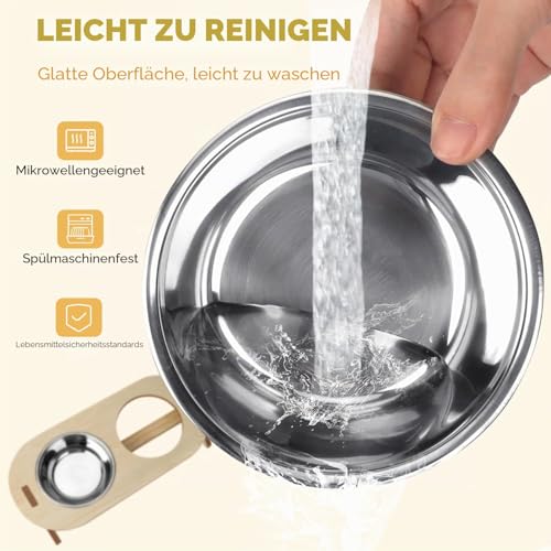 OWill Katzennapf Erhöht, 15° Erhöhte mit Geneigtem Ständer, 2 Katzennapf aus Edelstahl, Futternapf Katze mit Holzständer für Katzen und Welpen
