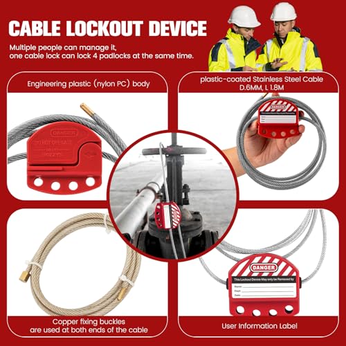 Image of Lockout Tagout Cable Lock | 0.24'' x 71'' Adjustable Loto Locks | PVC-Coated Steel Cable for Valves & Panels | OSHA Compliant