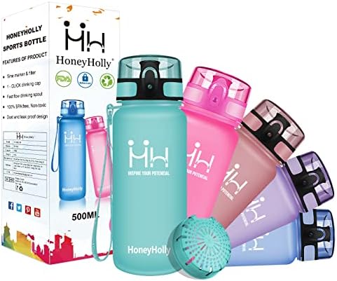 HoneyHolly Water Bottle 1L, with Time Markings Leak Proof, Drinks Bottle, with Filter, BPA Free Non-Toxic Reusable, Gym Water Bottle, for Running, Travel, Camping | Drinking Bottles for Adults