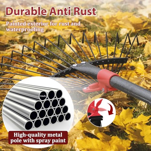 76Inch Adjustable Metal Leaf Rake, 18 Metal Tines Heavy Duty Leaves Rake for Lawns with 8-18" Expandable Head Long Handle Garden Rakes for Women Kids Leaves Yard Gardening Grass Outdoor Camping Debris