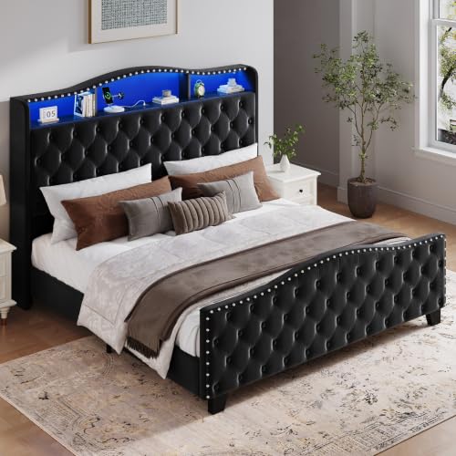 Uteeran Upholstered King Size Bed Frame with LED Lights & Charger, Black - image 9