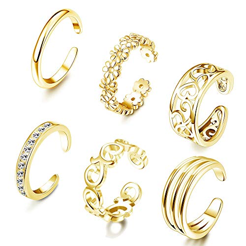 LOLIAS 6Pcs Open Toe Rings for Women Adjustable Toe Band Ring Set Gifts Summer Beach Foot Jewelry,Gold-Tone