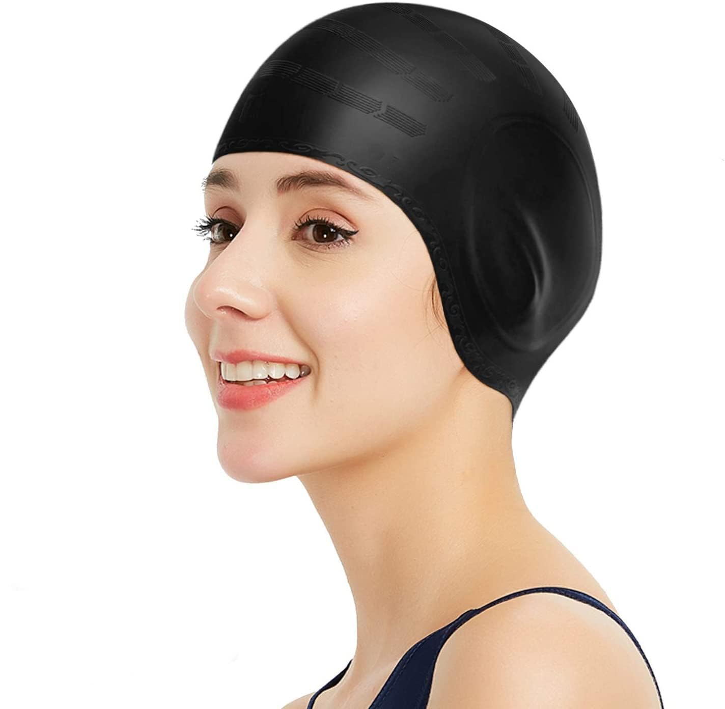 Showay Swim Caps Cover Ears, Flexible Silicone Swimmer Caps for Long Hair Swimming, 3D Ergonomic Fit for Man & Women, black, SWIMCP03-B