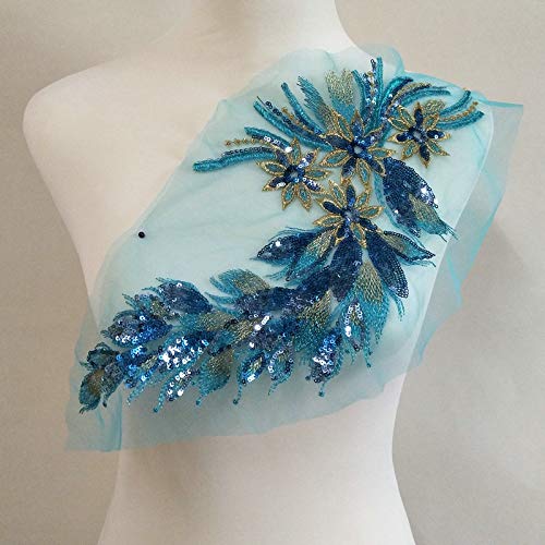 1Pcs DIY Lace Sequins Embroidered Patches for Clothes Peacock Applique Embroidery Wedding Dress Sewing Trim Garment Decor (Lake Blue)