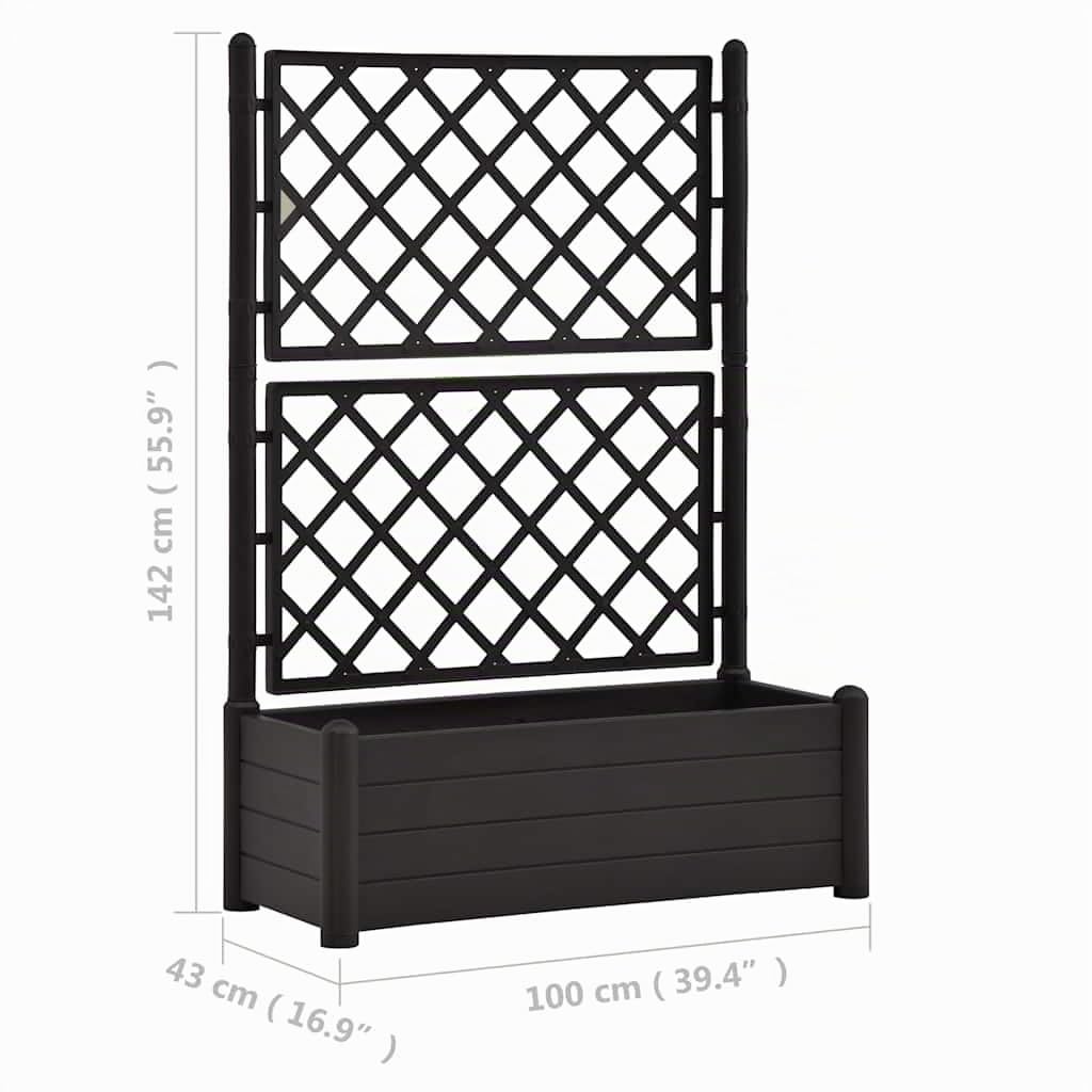vidaXL Jardinière avec Treillis Lit Surélevé de Jardin Boîte à Fleurs Bac à Plantes Boîte de Plantation Extérieur Patio 100x43x142 cm PP Anthracite