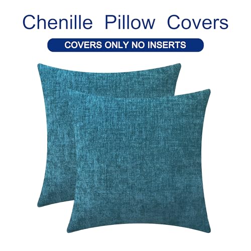 Image of CaliTime Throw Pillow Covers Decorative 26 X 26 Inches Pack of 2 Cozy Chenille Cushion Cases for Couch Sofa Bed Living Room Home Ocean Blue