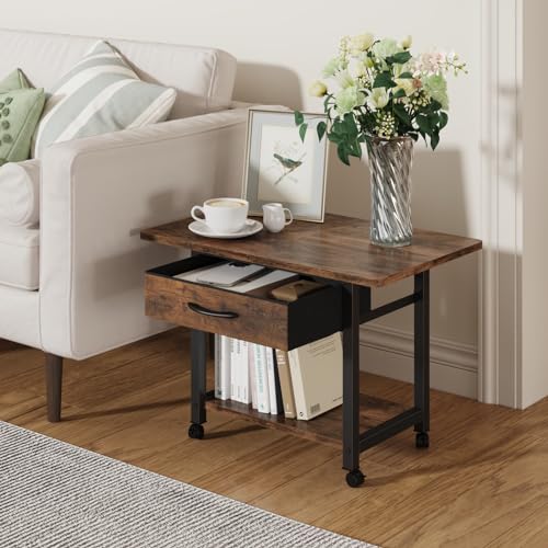 Image of YAOHUOO 22 inchx15 inch Large Printer Stand with Drawer, 2-Tier Rolling Table Cart | Under Desk Printer Table,Storage Fabric Drawer,Fit printer /fax /3d /scanner,4 Lock Wheels or Feet,For Home Office Dorms,Brown