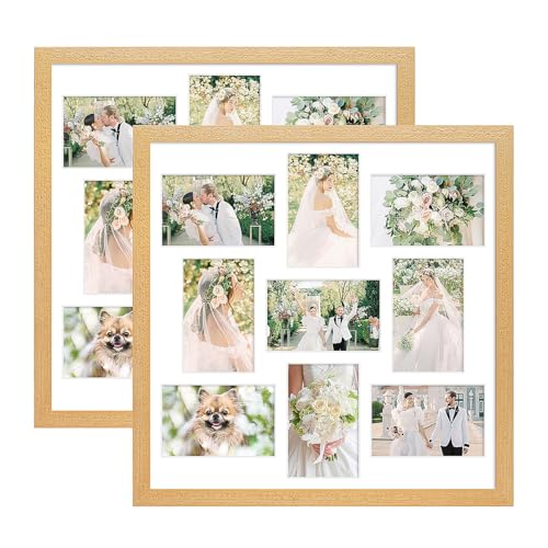 KSROECUD 17x17 Collage Frame with 9 Openings 4X6 Pictures, Multiple Picture Frame with Mat, Wall or Tabletop Decor, Natural Wood Grain,2 Pack