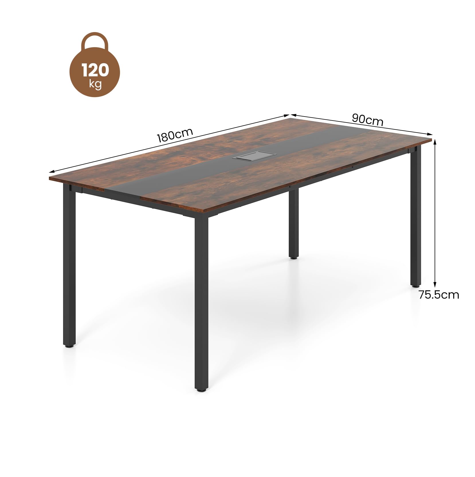 LIFEZEAL Table de Conférence Rectangulaire 180x90x75,5 cm, Table de Réunion 8-10 Personnes, Bureau de Séminaire avec Trou de Câble, Plateau en Bois et Cadre en Métal, Style Industriel