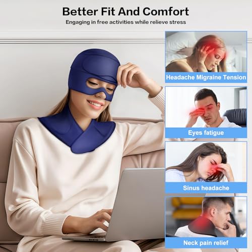 Image of Migraine Relief Cap and Neck Ice Pack Wrap with Ice Eye Masks,3 in 1 Detachable Hot and Cold Therapy Headache Relief Cap for Headaches, Stiff Neck,Eye Fatigue, Tension and Pain Blue