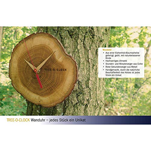 TFA Dostmann Tree-O-Clock Wanduhr aus Eichenholz, 60.3046.08, hochwertiges Uhrwerk, handgemacht in der EU, Unikat, geölt, Eiche, Braun, L242 x B42 x H234 mm