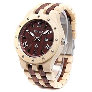 BEWELL Men’s Wooden Watches Handmade Date Display Analog Quartz Luminous Wristwatch