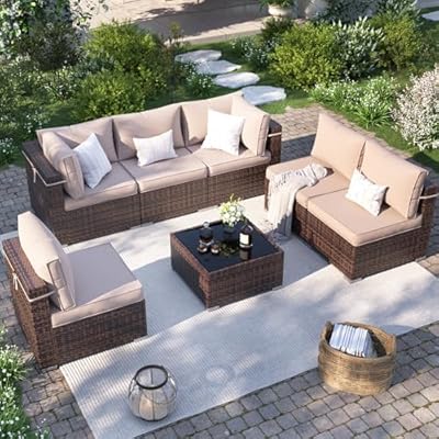 VONZOY Patio Furniture Set, 7-Piece Outdoor Sectional with Waterproof Cover, All-Weather Wicker Patio Conversation Sets for Backyard (Brown with Beige Cushion)