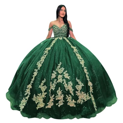 Mouccy Gold Appliques Quinceanera Dresses Puffy Off Shoulder Sweet 16 Dresses Luxury Beads Lace Evening Ball Gown with Train
