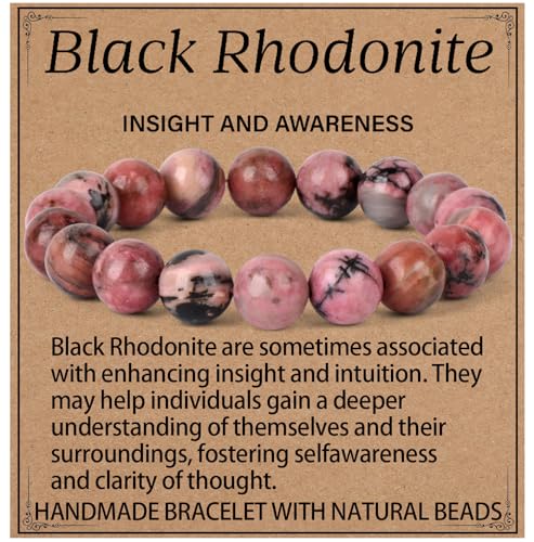 LPBeads Handmade Natural Gemstone Stretch Elastic 10mm Pink Black Rhodonite Bracelet Healing Crystal Round Stone Beads Jewelry Gifts for Women Men