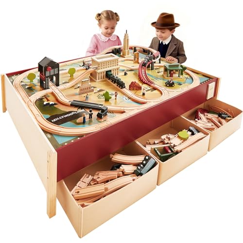 Tiny Land Large Wooden Train Table (47.9”x35.2”), 100PCS Train Set, 3 Storage Bins, Activity Playset for Kids Ages 3+