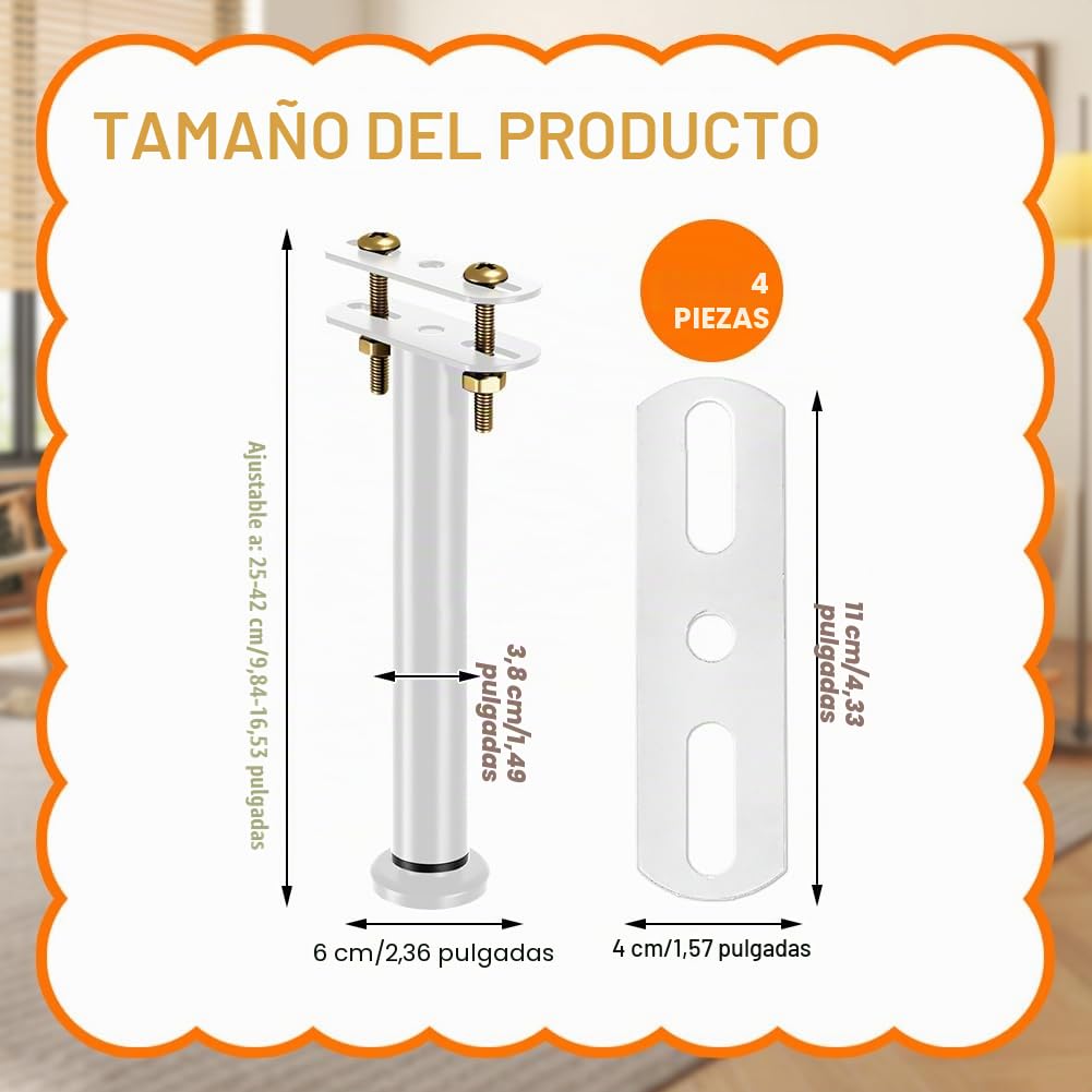 Patas de Cama Ajustables, Juego de 4 - Altura Regulable (25-42 cm) para Base, Somier o Canapé - Soportes Metálicos Robustos para Sofá, Armario o Mueble - Incluye Herramientas - Color Blanco