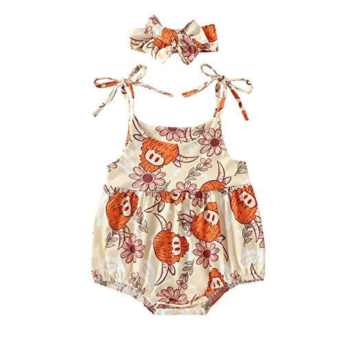 Image of JLKGICF Western Baby Girl Clothes Cow Print Bubble Romper Onesie Spaghetti Strap Bodysuit Jumpsuit Summer Outfits(Western Cow, 3-6 Months)