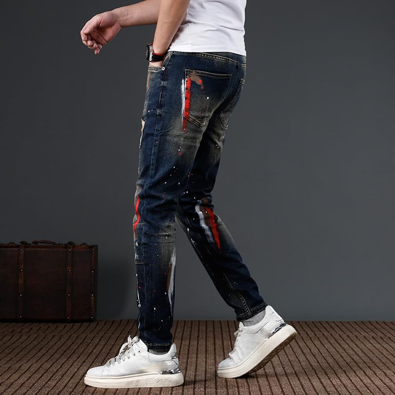 Street Men Jeans Retro Washed Blue Stretch Painted Ripped Jeans Mens Patched Hip Hop Vintage Denim Pants ​​Trousers4