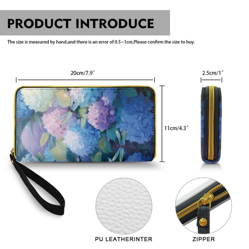 Hydrangea Flowers Wallets PU Leather Slim Wallet for Women, Dragonfly Floral Cards Holder Organizer Purse Handbags, Zipper Pocket for Coins4