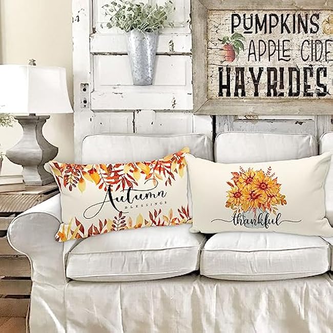 Ywlake Fall 12x20 Throw Pillow Covers Set of 4, Pumpkin Sunflower Decorative Holiday Pillow Case 12 x 20 Autumn Cushion Covers Thanksgiving Pillowcase for Indoor Home Bedroom Couch Sofa Decor