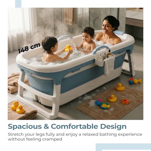 Image of Lifelong Bath Tub for Adults & Kids | Foldable & Large Bathtub for Bathroom with Temperature Meter, Massage Rollers, etc | Ideal for Steam Bath & Spa for Home | Comes with Laptop & iPad Holder