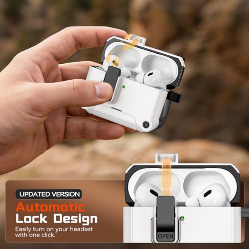 Image of Inesore for AirPods AirPods Pro 1st /2nd Case with Secure Lock (White) | Phone Stand Design,Compatible with MagSafe,Automatic Snap Switch Secure Cover with Cleaner Kit & Keychain