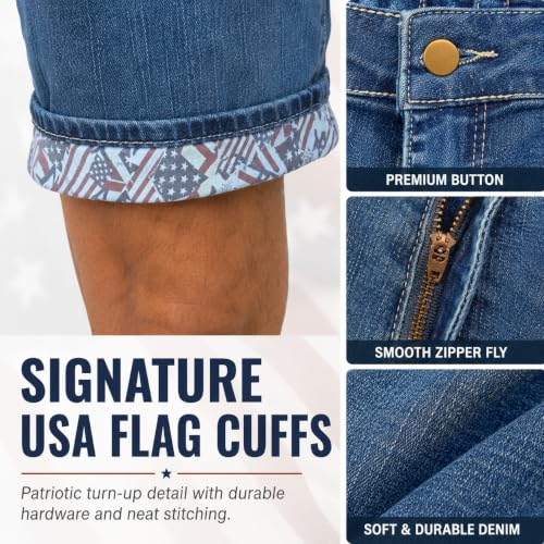Image of Men's Jean Shorts, Stretch Denim Jorts with American Flag Cuffs, Relaxed Fit Casual Summer Shorts with 5 Pockets