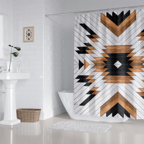 Zxmbf SH-186 Aztec Shower Curtain Western Wood Texture Abstract Geometric Vintage Rustic Boho Native American Modern Neutral Tribal Bathroom Decor Waterproof Fabric 72Lx60W Inch thumb #4