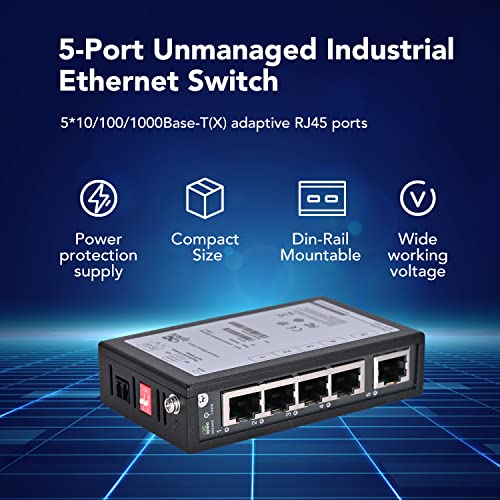 Inhand Networks 5-Port Unmanaged Industrial Gigabit Ethernet Switch, 5 * 10/100/1000 Base-T(X) Adaptive Rj45 Ports, 16Gbps Switching Capacity, Ip30, Din Rail, Ul Certification #TOP1