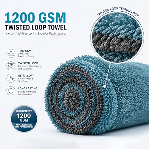 Image of JD FRESH 1 Pack Microfiber Cloth for Car 1200 GSM 40x60 cms | Twisted Loop Super Absorbent Towel Double Sided - Edgeless Design & Lint Free Cloth for Drying, Cleaning and Detailing - Aqua Blue & Grey