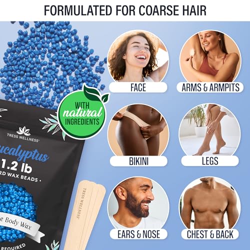 Image of Tress Wellness Wax Beads - Safe for Skin - Dermatologically Tested - At-Home Kit for Bikini, Brazilian & Full Body - Eucalyptus 1.2 lbs