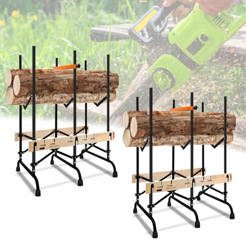 Fiqops - Cavalletto pieghevole per motosega, supporto per sega a catena, con protezione di espulsione e scala dimensionale, portata 150 kg, supporto in legno per tagliare rapidamente legna da ardere,