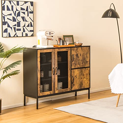 Loko Industrial Buffet Sideboard, 48” Kitchen Storage Cabinet With Mesh Doors & Metal Frame, Multifunctional Coffee Bar Cabinet For Living Room, Hallway, Rustic Brown And Black #TOP1