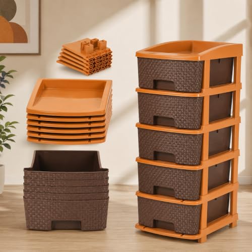 Image of Jefa Plastic Modular Drawer Storage Organizer | Multipurpose Storage Chest with Anti-Slip Design | Large Capacity Drawer Rack for Clothes, Shoes, Office & Home Use (Brown, 2)