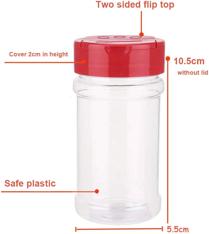 16 PCS 7oz/200ml Clear Plastic Spice Jars Storage Bottle Container,Spice Containers BPA Free with Red Flapper Lid,Sifter Shaker Holes Perfect for Storing Spice,Herbs and Powders