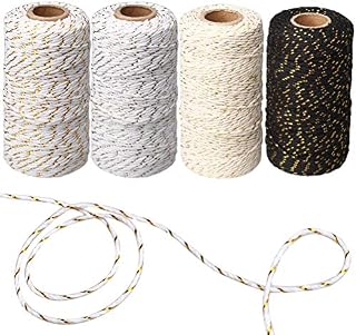ZHIYE 400 meters Twine String, decorative for Gift Wraping Tags Twine, 4 Rolls Black, White Gold, Silver Coloured Cotton