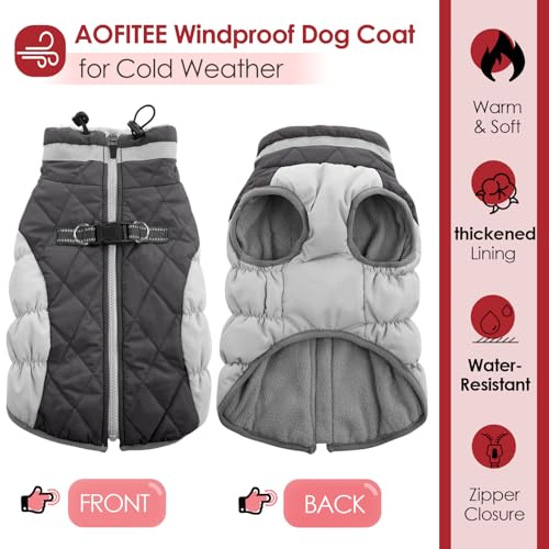 AOFITEE Wintermantel für große Hunde, Wasserdicht Hundemantel Hundejacke Mittelgroße Hund mit Geschirr, Winddichter Winter Hunde Jacket mit Reißverschluss, Warme Outdoor Hundebekleidung, L Grau