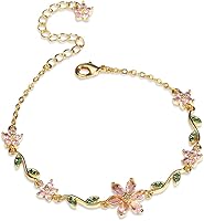 NewZenro Pink Sakura Blossom Cubic Zirconia Link Bracelet for Women - Adjustable Dainty Floral Chain with Green Leaf Accents 8"