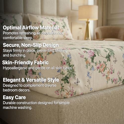 Image of VAS COLLECTIONS King Size Cotton Fitted Bedsheet (78 x 72 + 14 Inches) with Deep Pocket | 220 TC Soft Breathable Wrinkle Free Elastic Bed Sheet for King Mattress | (Floral)