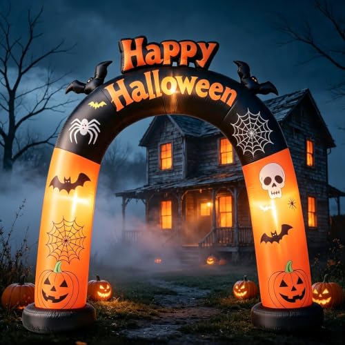 DomKom 8FT Long Halloween Inflatable Archway, Happy Halloween Blow Up Arch with Built-in LED Lights, Pumpkin, Skull, Bat Decor, Outdoor Inflatable Yard Lawn Garden Halloween Party Decorations by DomKom - Used condition - Image 2