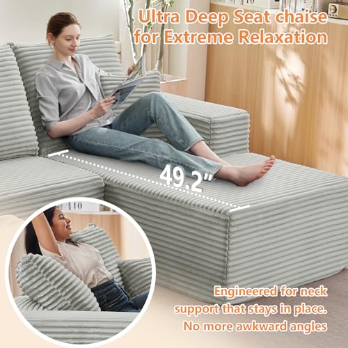 Image of 96 inch Modular Sectional Sofa, Modern Corduroy Cloud Couch with Deep Seat, Boneless Couch Upholstered 3-Seater L-Shaped Sofa for Living Room, No Assembly Required (Light Gray, Right-Facing Chaise)
